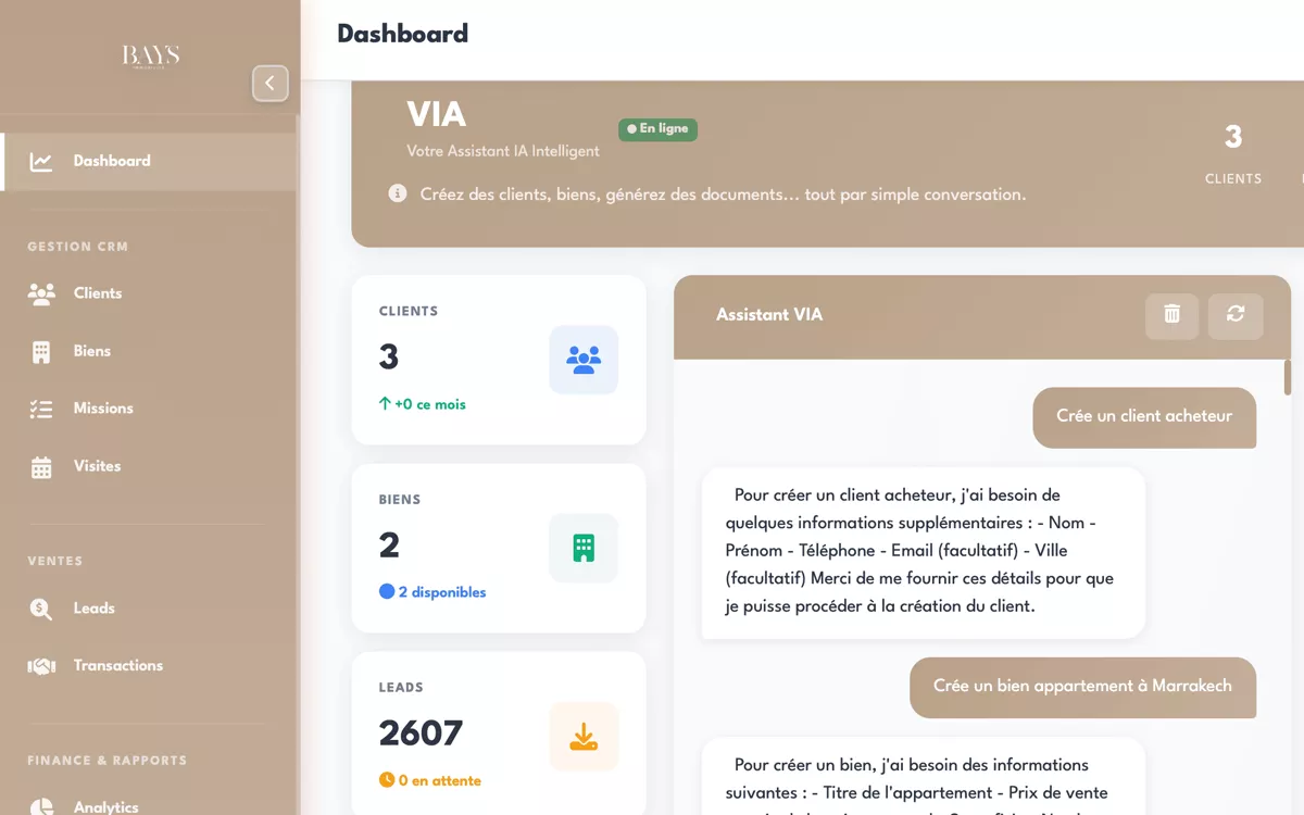 Tableau de bord du CRM immobilier VIA avec son assistant IA, développé par VSF Agency