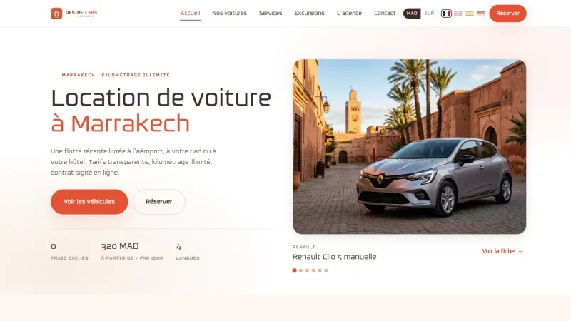 Site de Desire Cars, location de voitures à Marrakech